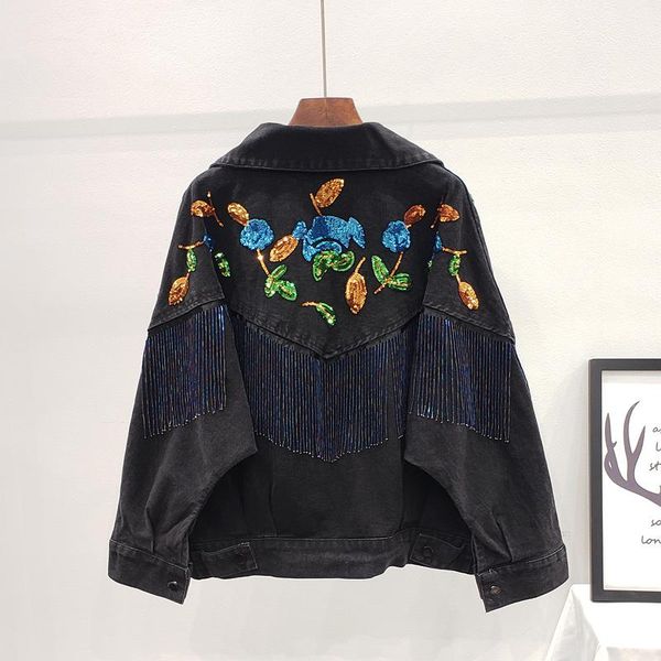 

women's jackets flower embroidery beaded tassel sequins denim jacket 2021 spring industrial loose-fit slim batwing sleeve jeans coat, Black;brown