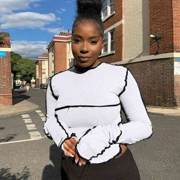 

women's t-shirt european and american collar long sleeve modern casual wear tear line shirt qzdw, White