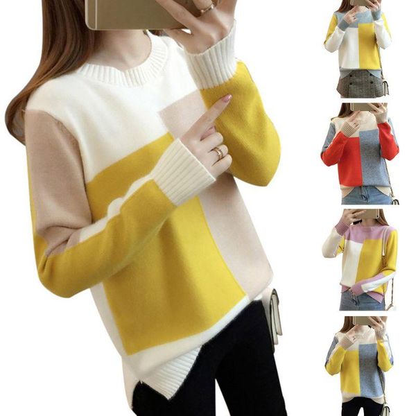 

women's sweaters women autumn long sleeve knitted sweater geometric color block patchwork pullover o-neck casual loose basic jumpers, White;black