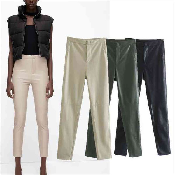 

za faux leather leggings women high waist slim beige black green autumn pants chic false pocket zip hem woman, Black;white