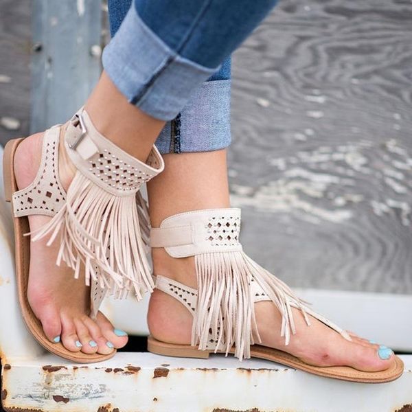 

2021 woman shoes summer bohemia flat sandals tassel beach woman flip flop vintage beach women shoes low heel lady footwear, Black