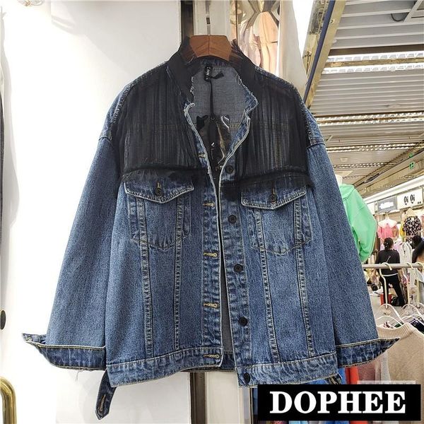 

2021 autumn new fashion mesh stitching simple loose jeans coat women's casual blue denim jacket female plus size cowboy coat, Black;brown