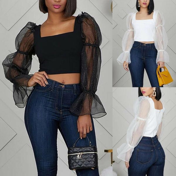 

women's t-shirt women mesh puff long sheer sleeve square neck fashion evening party pullover t shirts, White