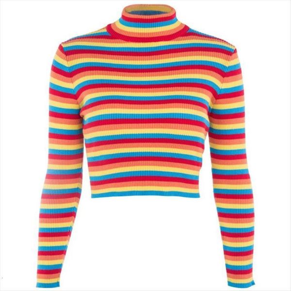 

women long sleeve slim sweaters rainbow stripes ribbed knit turtleneck crop f42f, White;black