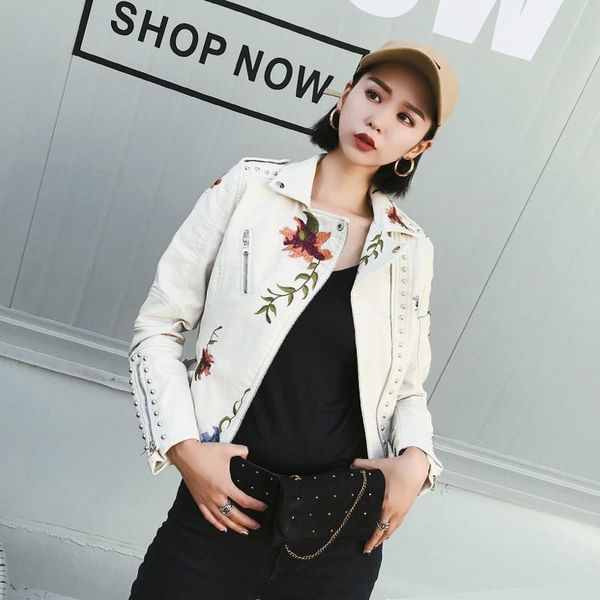 

zcwxm women embroidery floral print faux soft leather jacket coat turn-down collar casual punk black motorcycle pu outerwear new