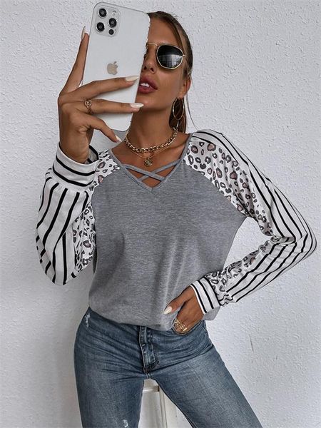 

women's t-shirt women leopard printed long sleeve patchwork tshirts clothing lady casual v-neck tees spring fall female shirt, White