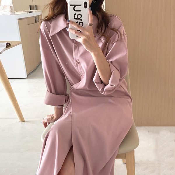 

casual dresses [ewq] korean chic autumn simple lapel design side button waist over knee long solid color shirt dress women tide 16e3004, Black;gray