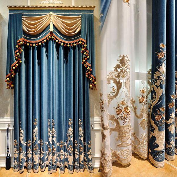 

custom curtains neo-classical european blue living room luxury solid embroidered velvet thick cloth curtain tulle panel c315