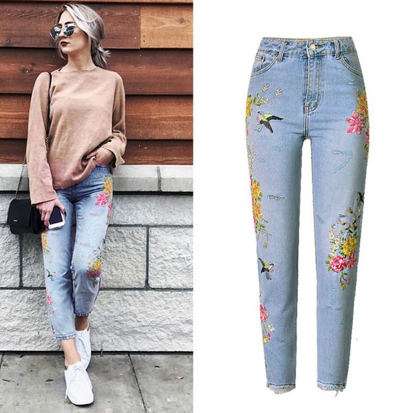 

2021 new high waist flower embroidery autumn ripped jeans for women denim pants pantalon femme smny, Blue