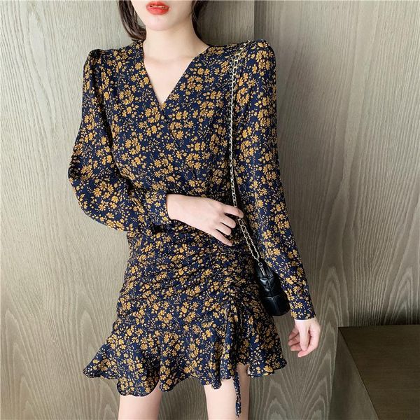 

casual dresses chic long sleeve lace mini-dress spring fall korean style fashion brand floral v-neck drawstring women's clothing, Black;gray