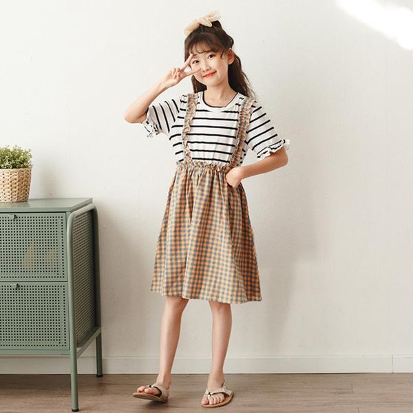 

girl's dresses 2021 big girls dress summer children's clothing cotton short sleeve teenager princess girl striped plaid, Red;yellow