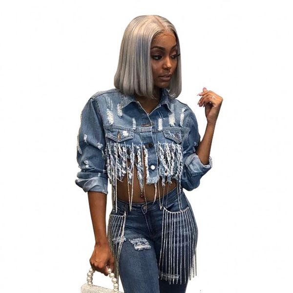 

2021 new short beading denim for women bf cowboy jacket cool chaquette hole fashion medium-length street clothes wear 4yc1, Black