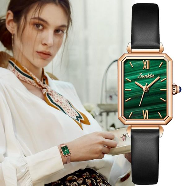 

wristwatches sunkta ladies watch casual fashion leather waterproof clock quartz gift cash on delivery+box, Slivery;brown