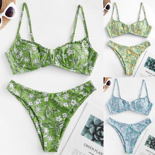 

women flower print high cut v neck two pieces bikini swimwear swimsuit beachwear summer cool bra pad no steel ring swimming