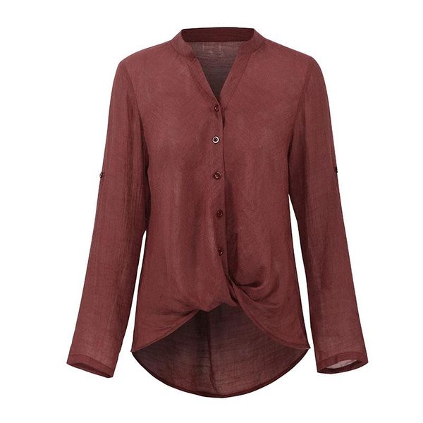 

vintage women blouse front buttons solid v neck long sleeve asymmetric hem shirt casual women fashion blouses 2021, White