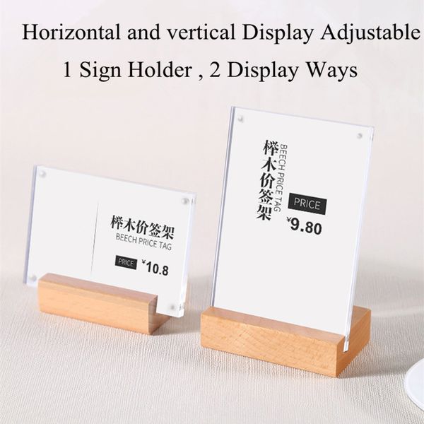 90 * 60mm materiale acrilico orizzontale verticale supporto per cartello in carta espositore tavolo a forma di L etichetta prodotti cartellini dei prezzi