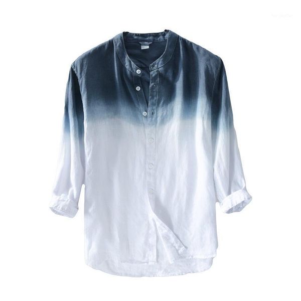 

men's casual shirts gradient linen shirt half sleeve mandarim collar men 2021 summer camisa fashion masculina chinese stand1, White;black