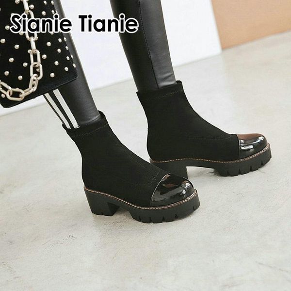 

boots sianie tianie 2021 winter autumn ladies shoes square med heels woman booties round toe platform women ankle, Black