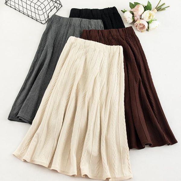 

skirts singrain winter women knitted skirt elastic high waist knitwear large size saias a-line faldas mujer korean solid midi, Black