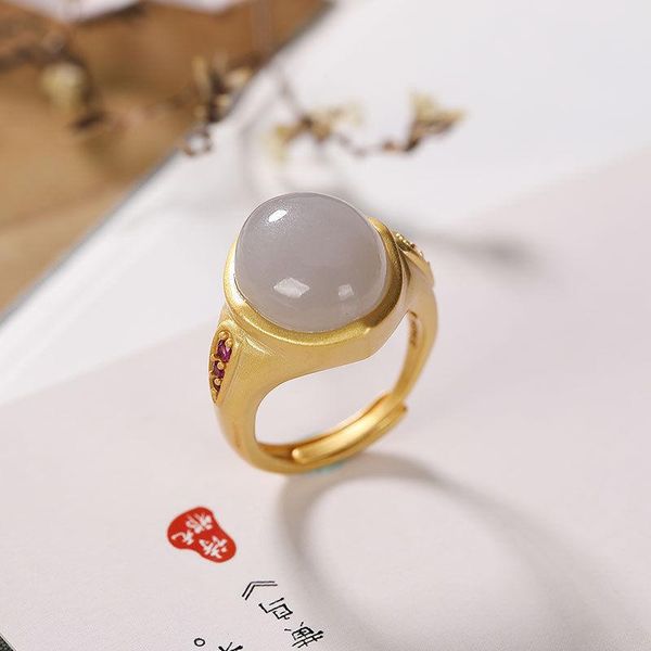 

cluster rings original silver inlaid natural hetian white chalcedony opening adjustable ring chinese style retro charming women's jewel, Golden;silver