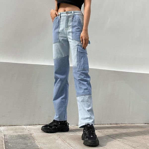 

women's jeans patchwork color block women streetwear denim pants cargo fashion design pocket trousers girls pant blue hg004