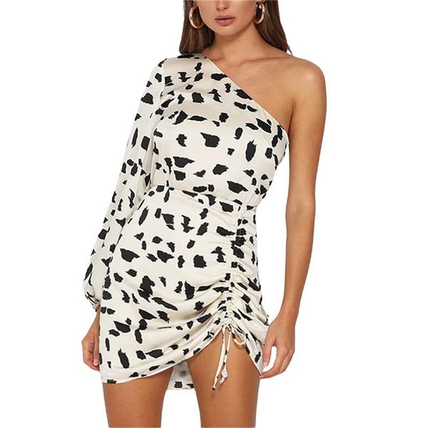 

casual dresses 2021 women\u2021s single sleeve dress fashion leopard oblique shoulder drawstring skinny short, Black;gray