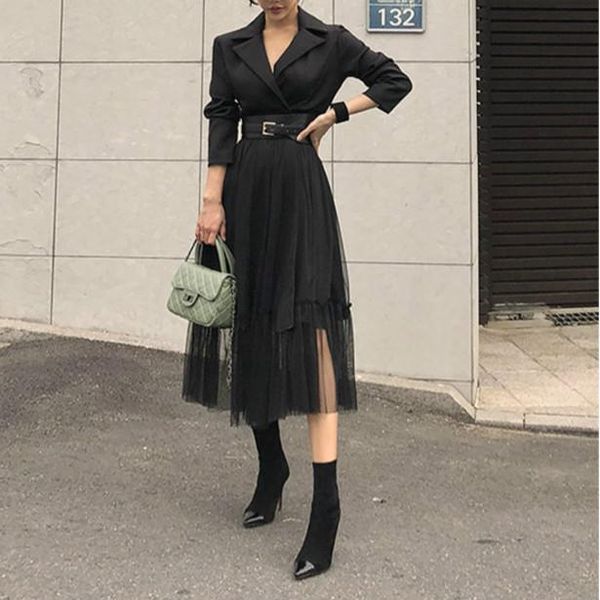 

casual dresses 2021 brand women fashion dress lapel collar long sleeve blazer mesh high street midi vestidos de fiesta, Black;gray