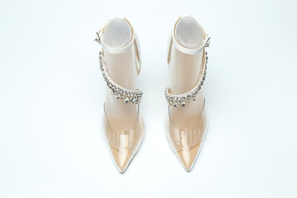 

dress shoes luxury clear pvc high heels pointed toe women crystal fringe pumps satin back ladies ankle buckle elegant wedding, Black