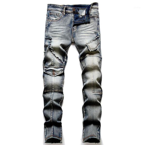 

men's jeans pockets cargo stretch denim trendy patchwork fringe slim straight pants vintage retro trousers, Blue