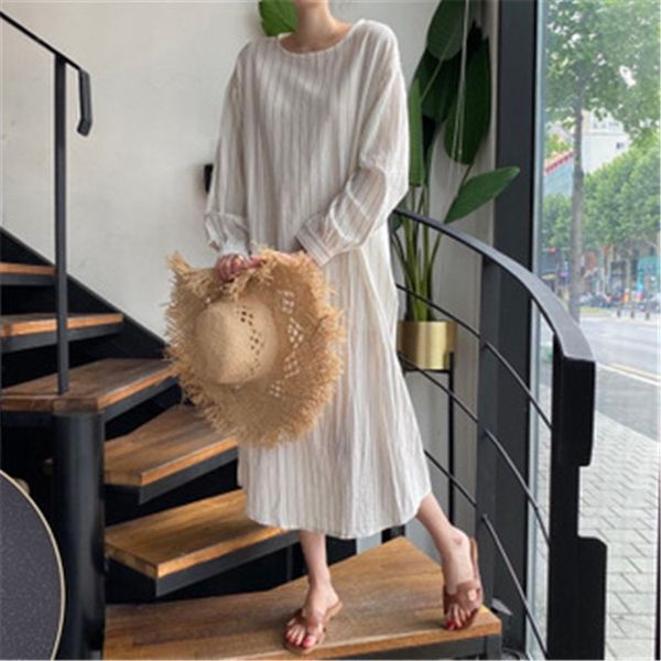 

2021 new striped shirt women's sunscreen long spring and autumn loose o neck full ankle-length es 5i96, Black;gray