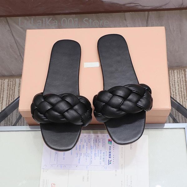 

80% off shoes summer women's shoes fashion genuine leather flats woven sandals one-word and slippers round toe beach, Black