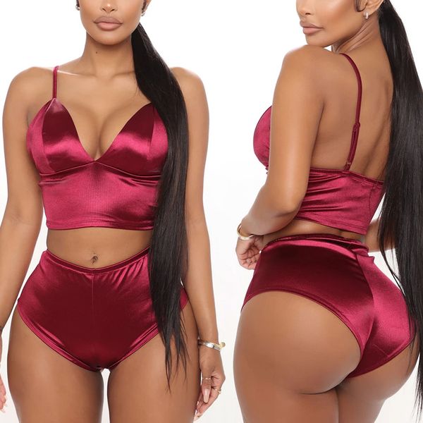 Satmak Kadın İç Çamaşırı Şarap Kırmızı Saten Sexy Lingerie Set Seksi Sutyen Ve Külot Seti Erotik Intimates Push Up Sütyen 2 Adet Kısa Setleri Si