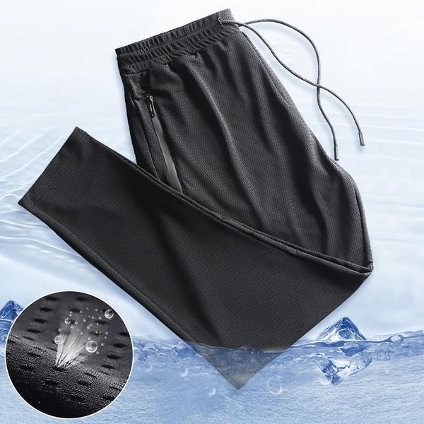 

men's pants sports quick-drying ice silk breathable nine-point summer thin running fitness loose mesh air-conditioning trousers, Black