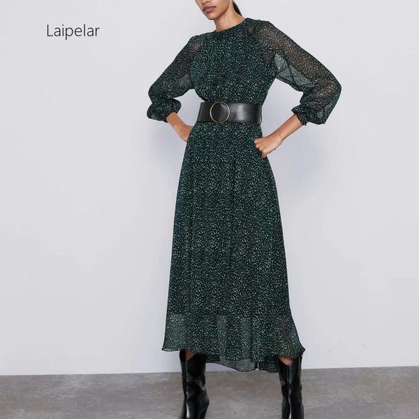 

casual dresses laipelar 2021 women dress long sleeve slim waist belt deco dark green print maxi fall vestidos, Black;gray
