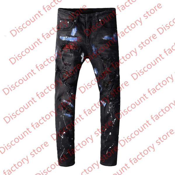 

men's distressed destroyed jeans print patches ripped skinny black skinny pants slim trousers puls size 29-42 616, Blue