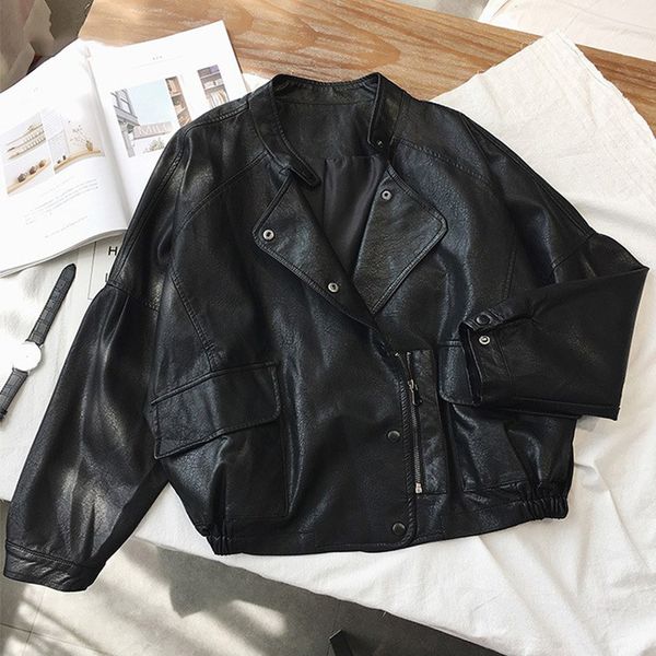 

2021 new women short pu punk jacket slim zipper faux coats female single breasted motorcycle leather outerwear hmk7, Black
