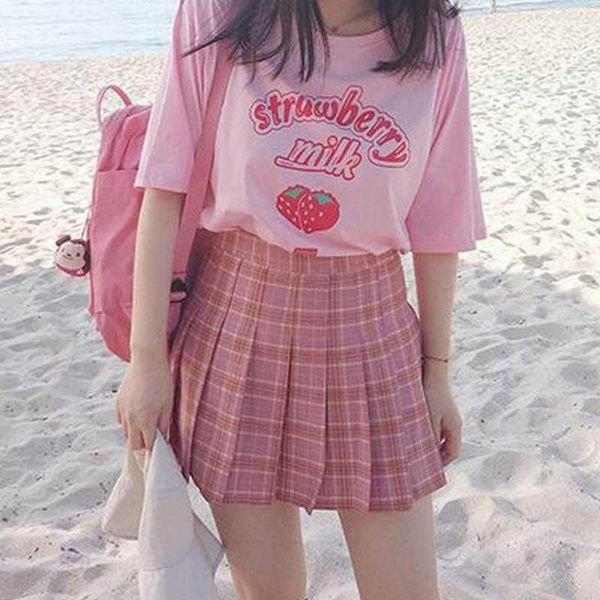 

hahayule pink girl series strawberry milk graphic summer fashion 100% cotton casual korean style girl funny short sleeves 210621, White