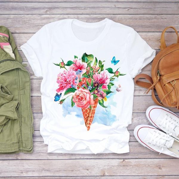 

women 2021 summer butterfly elegance ice cream floral flower lady t-shirts t shirt ladies womens graphic female tee t-shirt, White