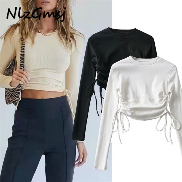 

t shirt short drawstring bottoming op's solid elastic slim open navel knitting shrit 210628, White