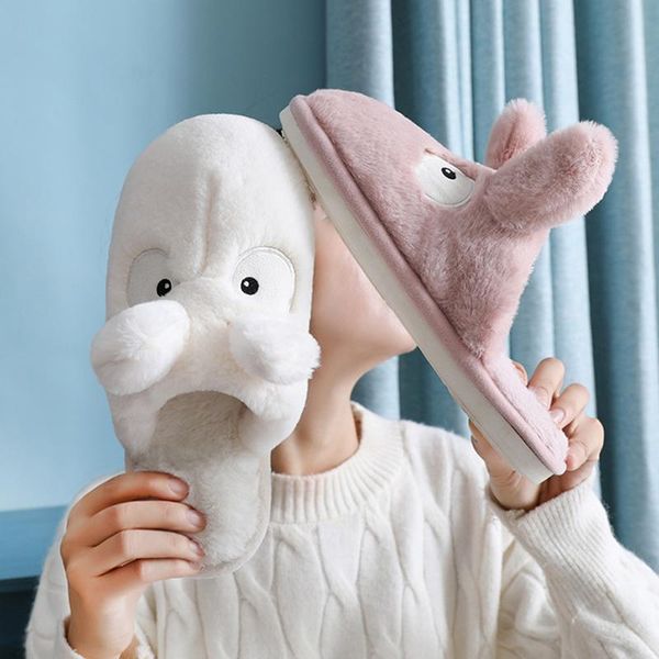 

slippers 2021 winter ears thick plush women slides shoes backless flip flops home indoor female footwear big size, Black