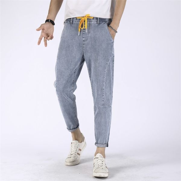 

spring and summer jeans loose trend elastic waist drawstring small feet versatile korean harem pants men's stitching, Blue