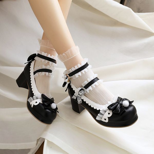 

simple corrugated lateral square head mary jane high heels thick middle heel bow sweet pink princess-style shoes bobx, Black