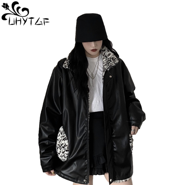 

women's leather & faux uhytgf woman jacket for winter women streetwear double-sided leopard black plus size outerwear 916