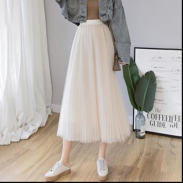 

3 layers long pleated tulle skirt fashion 2021 korean school cute high waist maxi tutu skirt female pink apricot, Black