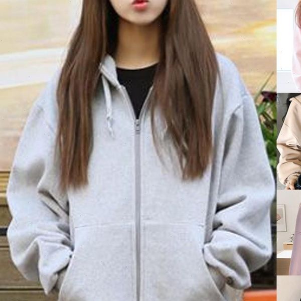 

2021 autumn winter casual korean style women hoodies sweatshirt zip up outerwear hooded jacket solid velvet women sweatshirt 2xl, Black