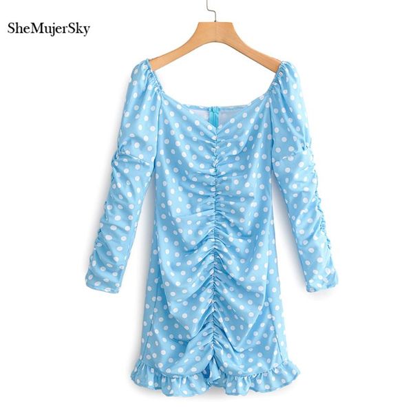 

casual dresses shemujersky women autumn slim dress long sleeve dot print ruffles mini blue ruched 2021, Black;gray