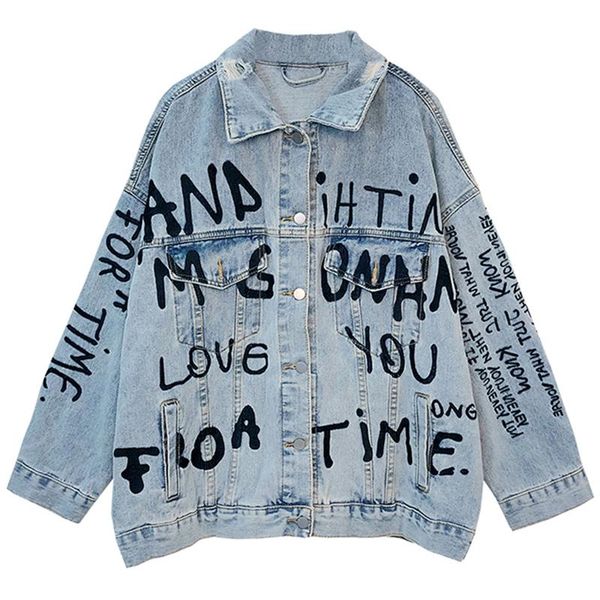 

vintage women jacket 2021 autumn winter oversize denim jackets letter print washed blue jeans coat turn-down collar outwear, Black;brown