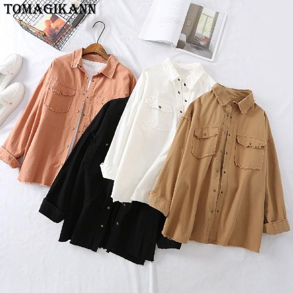 

women's blouses & shirts bf solid edge double pockets women 2021 casual turn down collar buttons shirt blusas chemisier femme, White