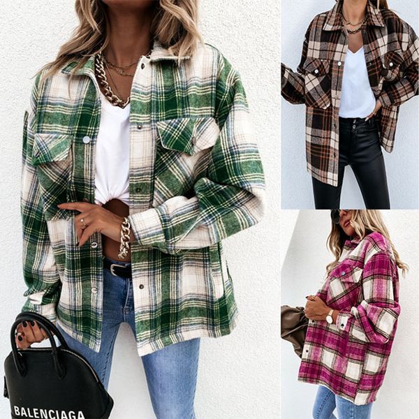 

women's jackets autumn and winter loose casual retro plaid long-sleeved shirt jacket women, Black;brown