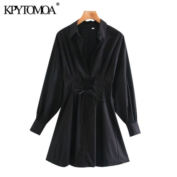 

kpytomoa women chic fashion with drawstring tied pleated mini dress vintage long sleeve back zipper female dresses mujer 210303, Black;gray